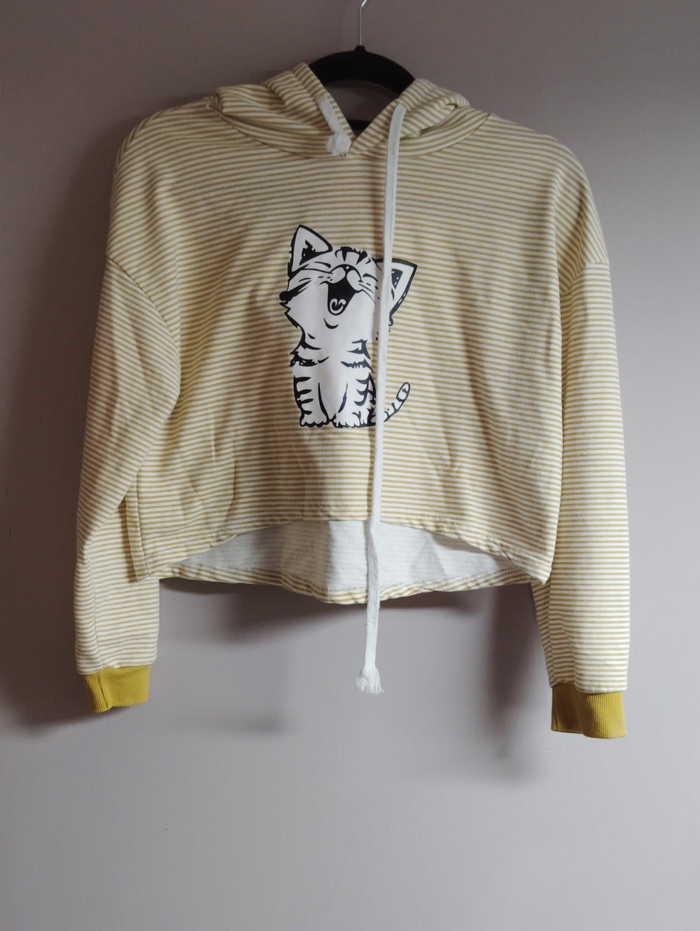 Teen Yellow Striped Hoodie with Cat Graphic